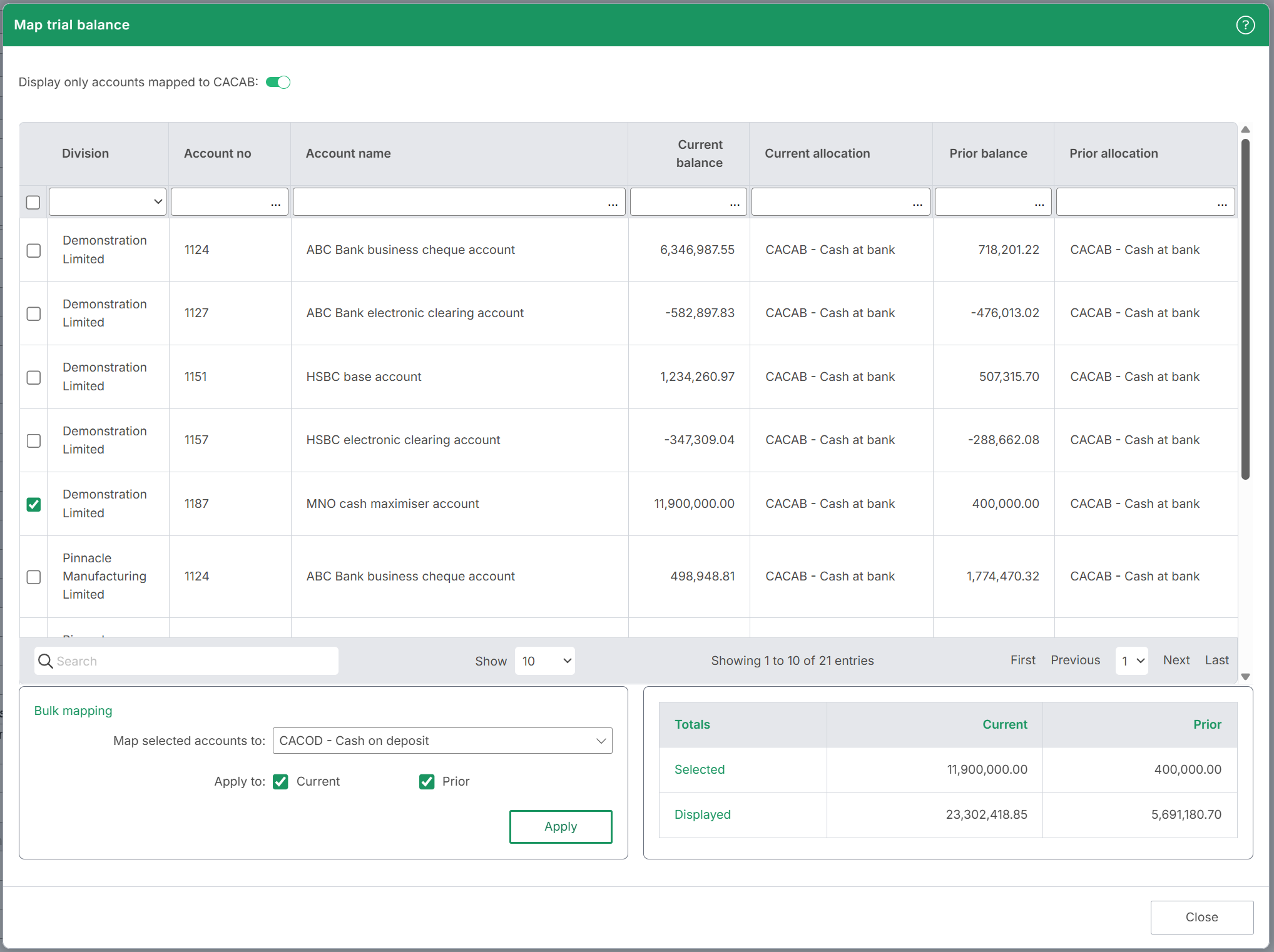 Image shows the Map trial balance window. 1 row has been selcted
